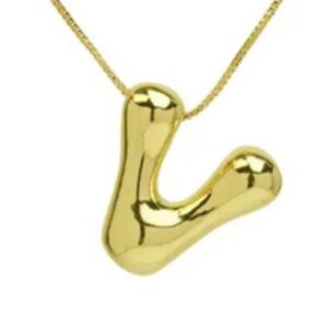 14k Gold Plated Chunky Balloon Bubble Initial Charm Pendant Necklace - Letter V